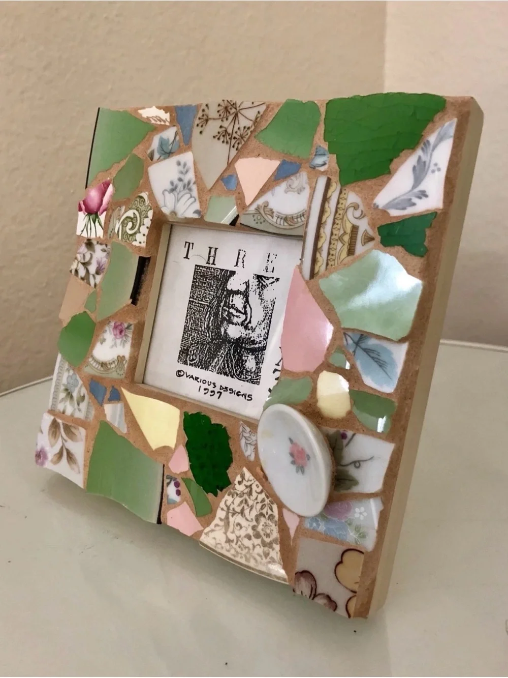 Handmade Mosaic Square Photo Frame - Green & Pink Accents
